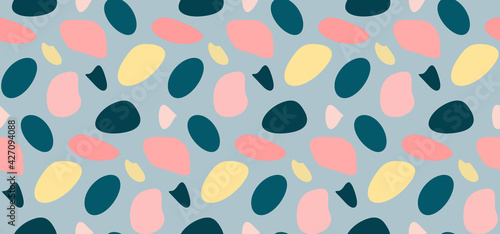 Stone colorful pebble seamless pattern. Vector illustration summer positive background. Colorful modern trendy season sea ocean mosaic backdrop in pastel colors