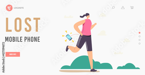 Female Character Lose Smartphone during Jogging Exercise in Park Landing Page Template. Sportswoman Ignore Mobile Phone
