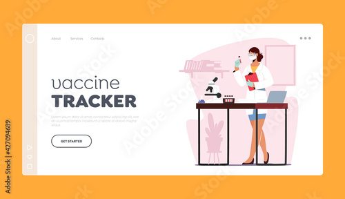 Vaccine Tracker Landing Page Template. Doctor Character Working in Medical Laboratory Examining Blood Test for Covid