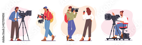 Set of Professional Videographer and Journalist Characters Record Video or Movie on Camera. Mass Media Industry Work