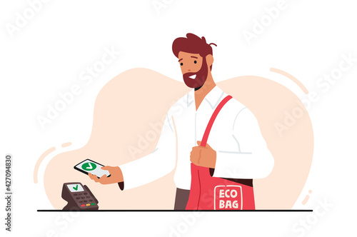 Man Holding Smartphone with App for Online Payment and Eco Bag with Purchases on Cashier Desk. Buyer Use Pos Terminal