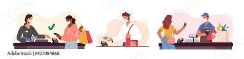Set of Customer Characters in Facial Masks Use Noncontact Payment in Store during Covid Pandemic. Buyers with Cards