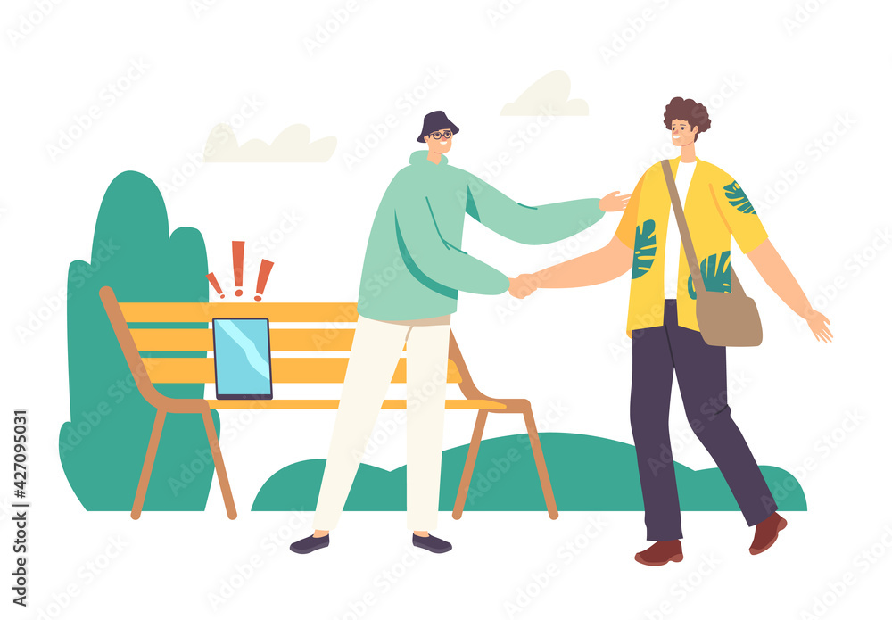 Character Lost Tablet or Smartphone on Bench in Park while Meeting his Friend. Absent-minded Man Lose Digital Device Character Lost Tablet or Smartphone on Bench in Park while Meeting his Friend. Absent-minded Man Lose Digital Device