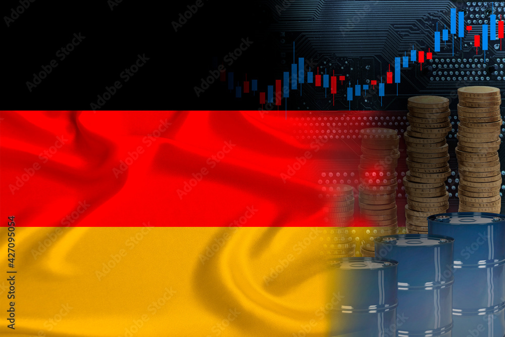 Obraz premium national flag of on silk, barrels of oil, metal coins, oil futures trading concept, growth of DBO index on stock exchange, global world trade, falling and rises oil prices