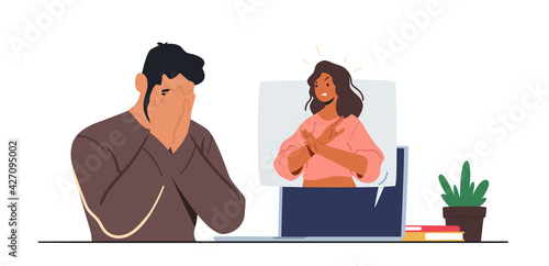Cyberbullying Abuse. Woman Show Stop Gesture from Monitor. Teen Character Crying front of Pc Screen after Being Bullied