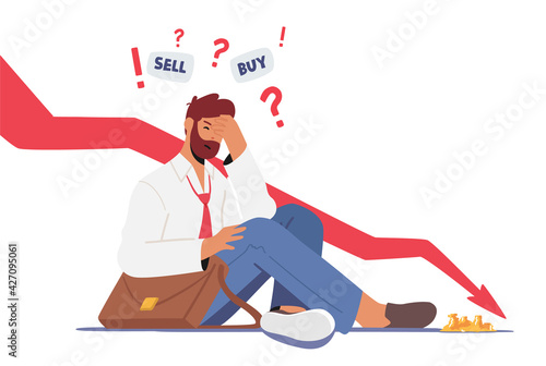 Anxious Businessman Character Sitting near Drop Arrow Chart Thinking Buy or Sell Bonds during Bear Stock Market Crisis
