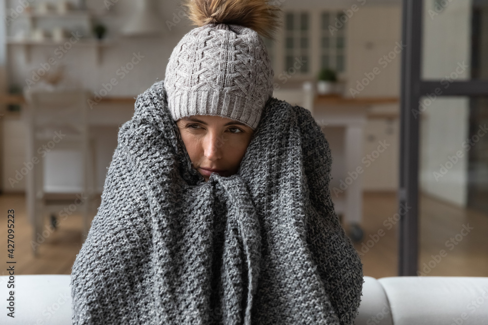Dull young hispanic woman save herself from freezing wear winter clothes muffle up in blanket think of buying radiator heater. Shivering young lady sit on sofa in plaid ponder on much too cold at home Dull young hispanic woman save herself from freezing wear winter clothes muffle up in blanket think of buying radiator heater. Shivering young lady sit on sofa in plaid ponder on much too cold at home