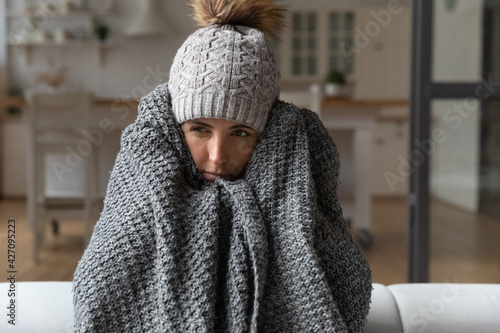 Cuadro en lienzo Dull young hispanic woman save herself from freezing wear winter clothes muffle up in blanket think of buying radiator heater
