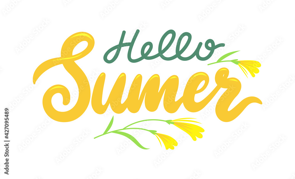 Hello Summer Banner with Lettering and Flower on White Background. Summertime Season Greeting Calligraphy Design Hello Summer Banner with Lettering and Flower on White Background. Summertime Season Greeting Calligraphy Design