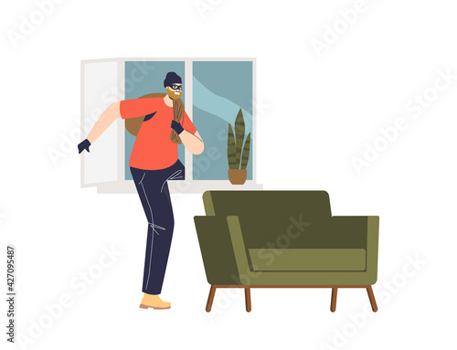 Robber escape with bag of stolen after housebreaking though window. Home breaking and burglary