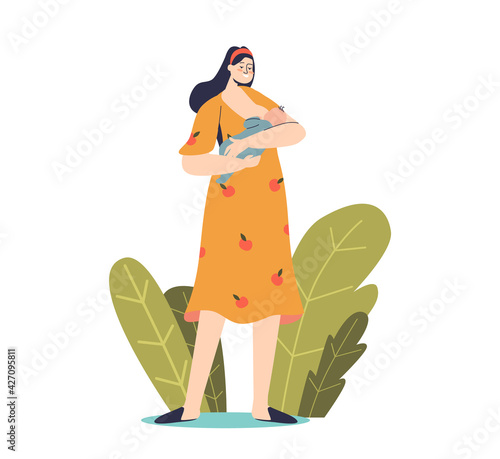 Woman breastfeeding little newborn baby. Cartoon female character mother feeding infant kid