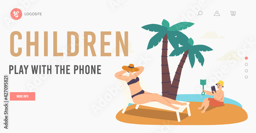 Female Character Lost Phone Landing Page Template. Woman Tanning on Chaise Longue while Child Playing with Smartphone