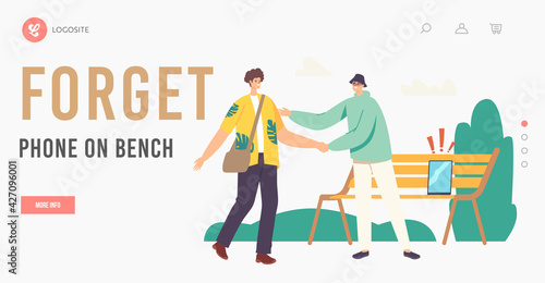 Male Character Lost Tablet or Smartphone on Bench in Park while Meeting his Friend Landing Page Template