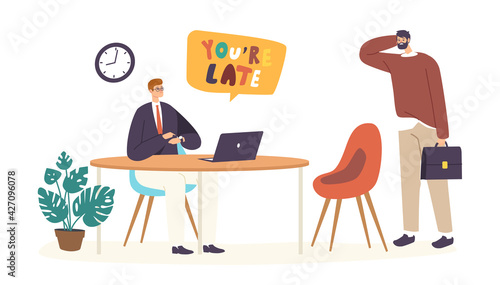 Subordinate Male Character Receiving Reprimand from Boss for Being too Late at Business Meeting, Pointing on Wristwatch
