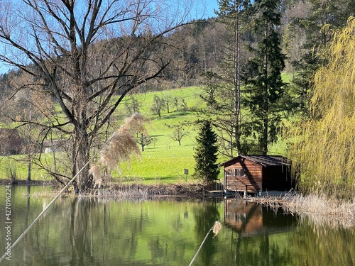 A small wooden fishing hut on the shores of the lake Egolzwilersee or Lake Egolzwiler, Egolzwil - Canton of Lucerne, Switzerland (Schweiz) photo