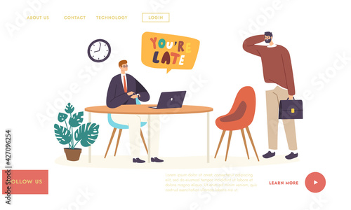 Unpunctual Manager Late Landing Page Template. Subordinate Character Receiving Reprimand From Boss for Being Too Late