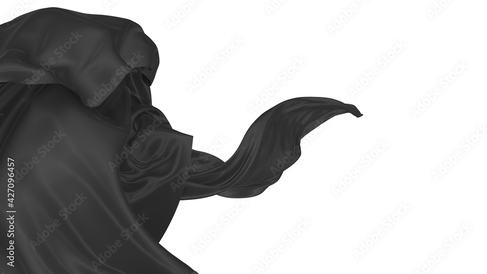 Beautiful flowing fabric of black wavy silk or satin. 3d rendering image. Beautiful flowing fabric of black wavy silk or satin. 3d rendering image.