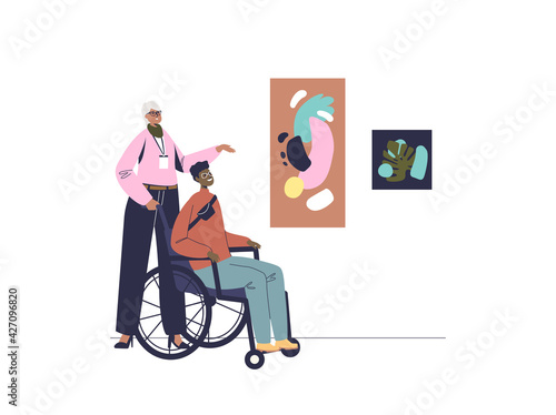 Disabled man on wheelchair visit art gallery. Handicapped tourist guy in museum exhibition