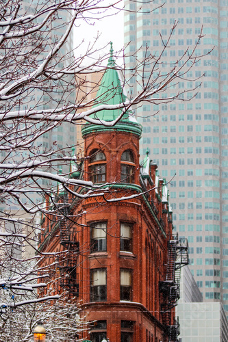 Photography Historic flat iron style red brick castle-like tower building surrounded by tree