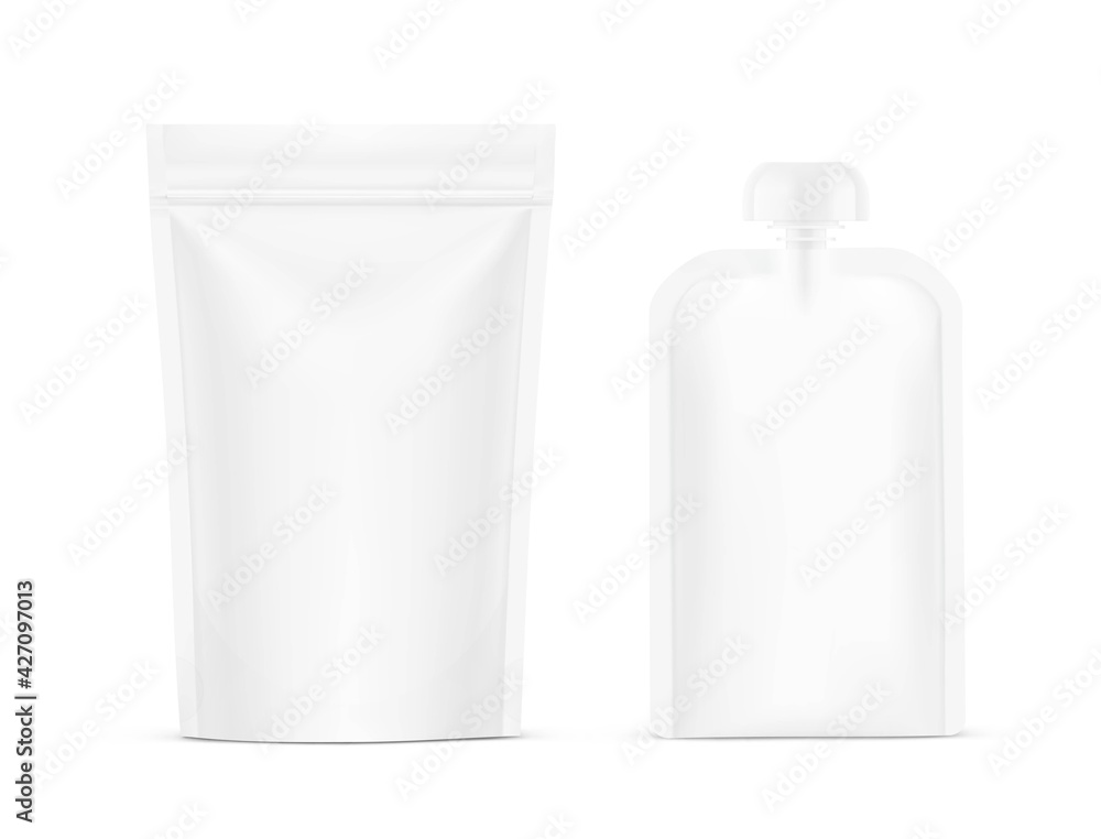 Food pouch bags mockup set. Vector illustration isolated on white background. Front view. Can be use for template your design, presentation, promo, ad. EPS10. Food pouch bags mockup set. Vector illustration isolated on white background. Front view. Can be use for template your design, presentation, promo, ad. EPS10.