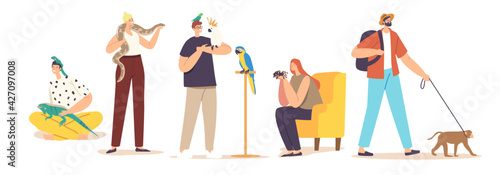 Male or Female Characters with Exotic Pets Lizard, Snake, Monkey and Spider with Parrot. People Care of Tropical Animals