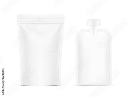 Food pouch bags mockup set. Vector illustration isolated on white background. Front view. Can be use for template your design, presentation, promo, ad. EPS10.	