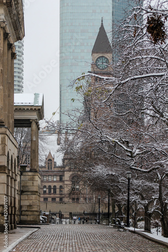 Photography Old historic clock tower surrounded by trees with snow in winter
