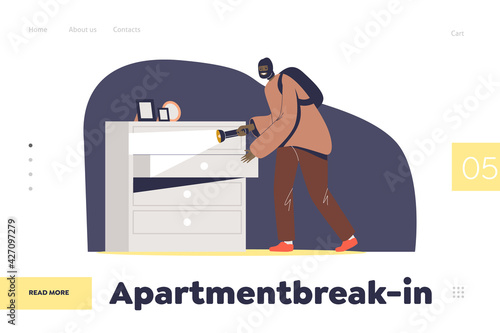 Robbery and apartment break-in concept of landing page with housebreaker steal jewelry from drawer