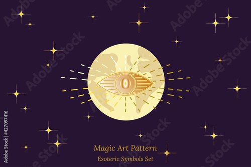 Esoteric symbol of opening of third eye of soul, sun, against background of planet Earth and starry sky. Illustration of magic session, look into future, connection with universe. Vector drawing.