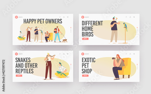 Happy Pet Owners Landing Page Template Set. Characters with Exotic Pets Lizard, Snake, Monkey and Spider with Parrot