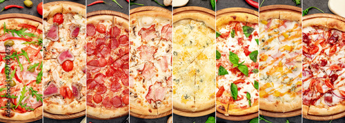 Food collage. A set of various pizzas on a stone background.