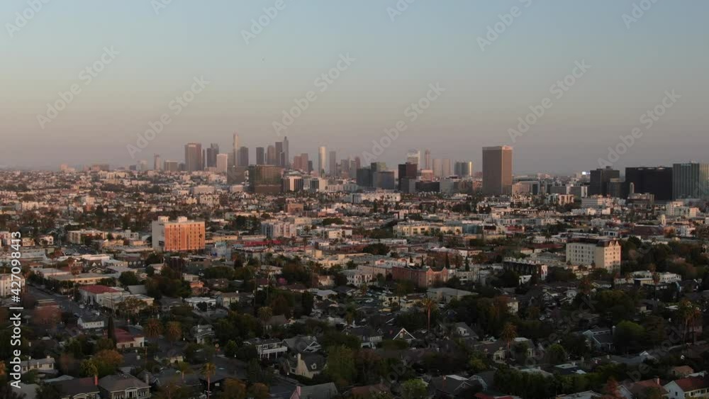 Aerial Los Angeles Downtown and Koreatown Sunset R California USA Aerial Los Angeles Downtown and Koreatown Sunset R California USA
