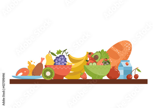 Healthy Food products on the shelf. Dairy, meat, vegetables, fruits and berries side view in color vector illustration.