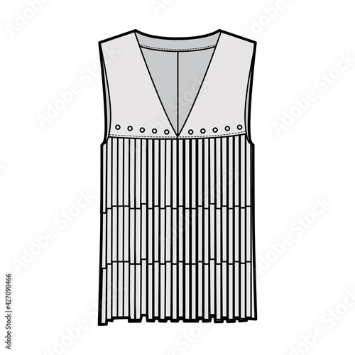 Hippie vest waistcoat technical fashion illustration with fringe, sleeveless, V-neckline, rivets, oversized body. Flat apparel template front, grey color style. Women, men, unisex top CAD mockup