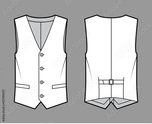 Lapelled vest waistcoat technical fashion illustration with sleeveless, notched shawl collar, button-up closure, pockets. Flat template front, back, white color style. Women, men unisex top CAD mockup