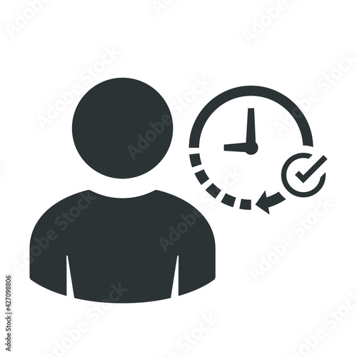 Employee attendance icon, job on-time vector design. Human avatar with wall clock displaying employee schedule icon. Employee attendance concept icon