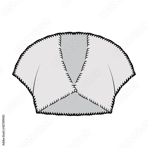 Faux fur shrug bolero technical fashion illustration with V- neck, capped sleeves, cut-away style, fitted body, crop length. Flat top apparel front, grey color. Women, men unisex CAD mockup
