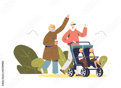 Young couple walking outdoors push pram with toddler twins. Parents with kids in stroller in park