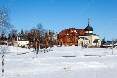 View of the territory and the cathedral church in the name of the Archangel Michael in the Archangel Michael Monastery. Yuryev-Polsky. Vladimir region. Russia