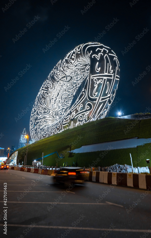 Dubai, United Arab Emirates - March 31, 2021: illuminated The Museum of