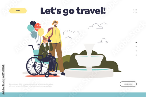 Travel for disabled people concept of landing page with traveler woman on wheelchair make photo