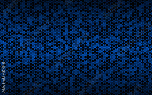 Dark blue widescreen background with hexagons with different transparencies. Modern geometric design. Simple vector illustration
