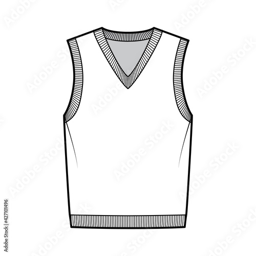 Pullover vest sweater waistcoat technical fashion illustration with sleeveless, rib knit V-neckline, oversized body. Flat template front, white color style. Women, men, unisex top CAD mockup