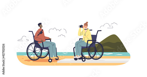 Young disabled people on wheelchairs on vacation on seaside. Happy handicapped couple travel to sea