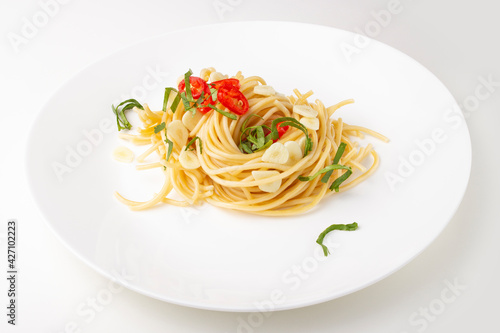 Italian pasta with garlic and chili peppers 