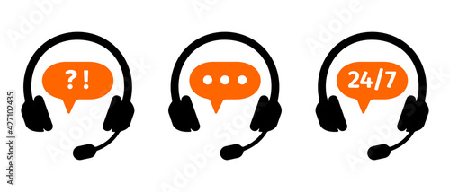 Hotline call center icons set. Customers support online service symbols isolated on white background. Client communication technology concept. Vector flat illustration.