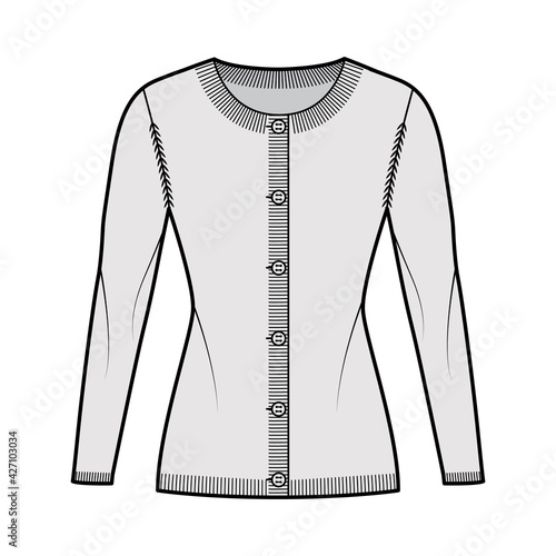 Round neck cardigan sweater technical fashion illustration with long sleeves, fitted body, hip length, knit rib cuff. Flat jumper apparel front, white grey color style. Women, men unisex CAD mockup