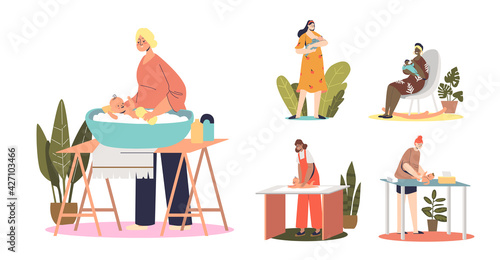 Mothers caring of newborn baby kids: wash, do massage, change diaper, breastfeed and from bottle