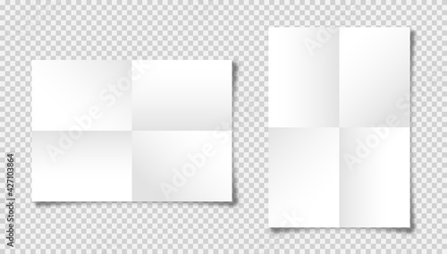 Realistic blank folded paper sheets in A4 size with shadow on checkered background. White notebook page. Design template, mockup. Vector illustration.