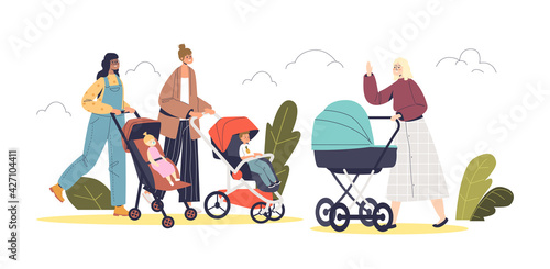 Happy mothers with infant kids in strollers walk in park outdoors. Young women pushing prams